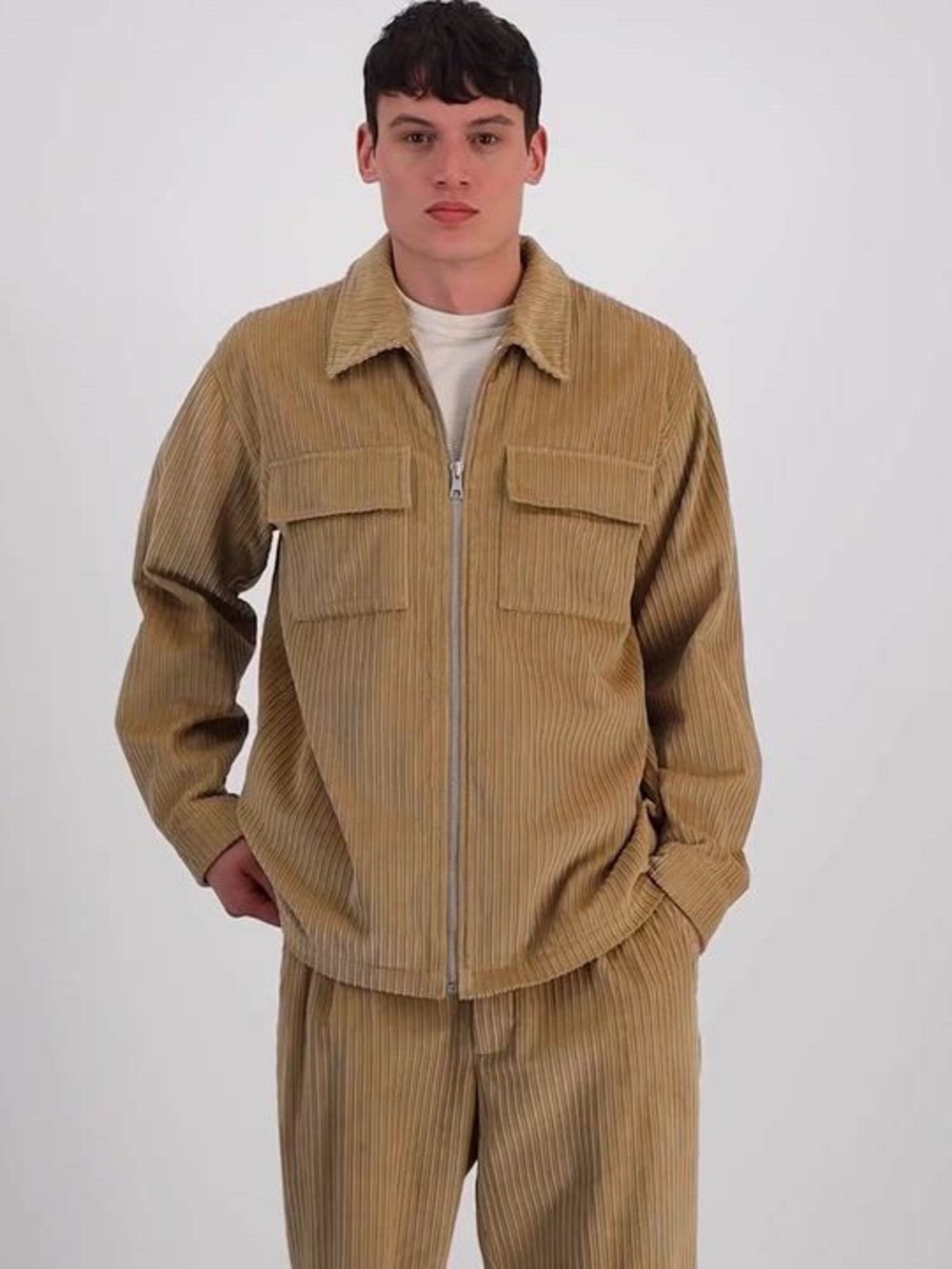 Lightweight Corduroy Zip Jacket in Tan